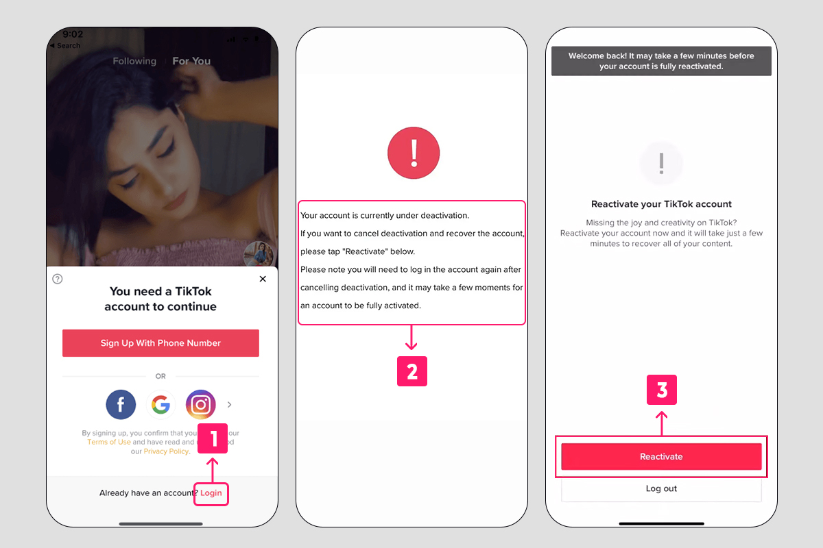 recover a deleted or deactivated tiktok account steps 1,2, & 3