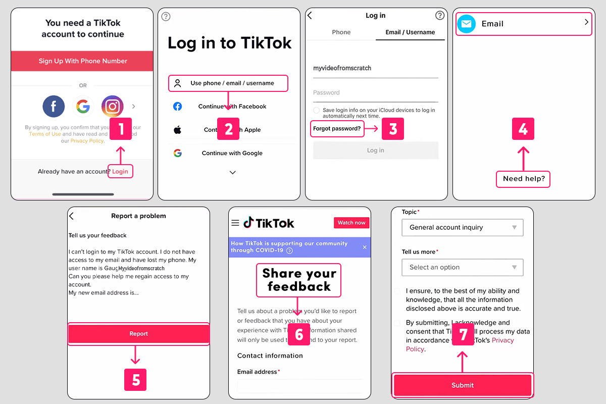 recover the tiktok account without a phone number or email step images